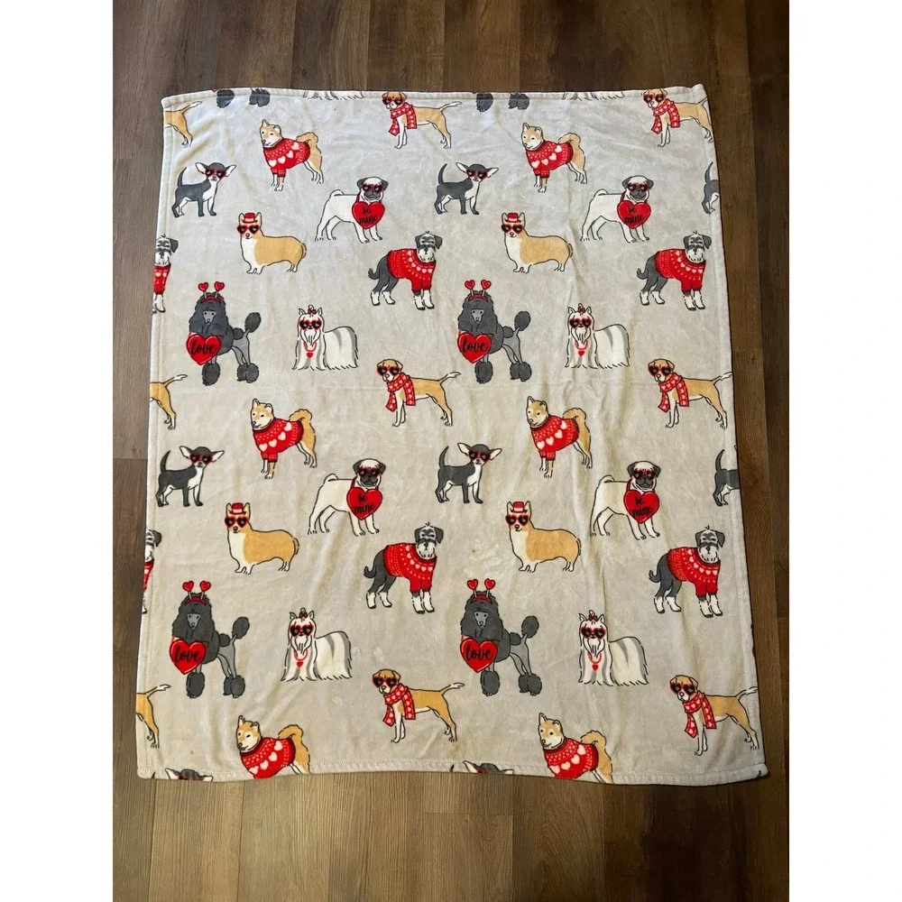 Valentine's Day Dog Print Fleece Throw Blanket Hearts Poodle Corgi Pug 50x58‎